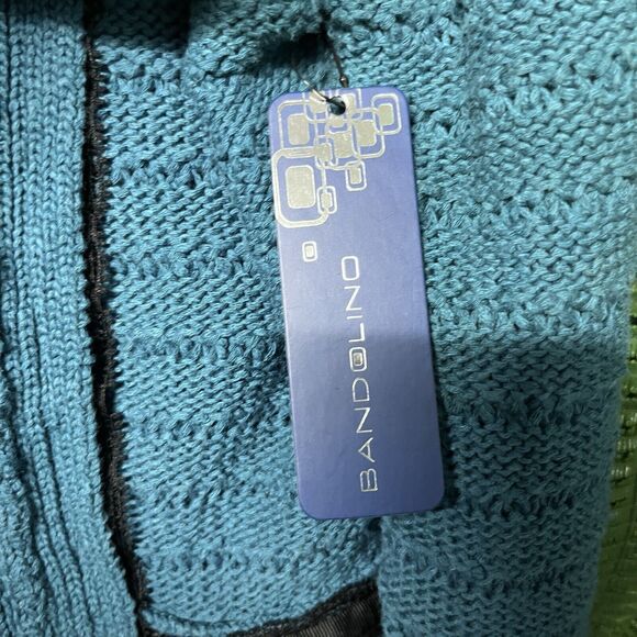 Y2K BANDOLINO Sweater Women Medium‎ Teal Blue Knit Cardigan Ribbon Lace 2076 - Picture 7 of 8
